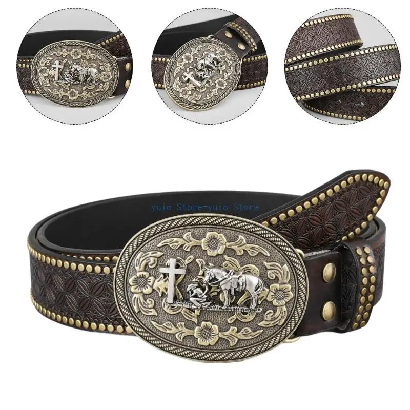 

X7XB Women Waist Belt Aesthetic Embossed Pattern Cowboy Belt Party Dress Up Buckle Belts Western Waist Decors Waiststrap