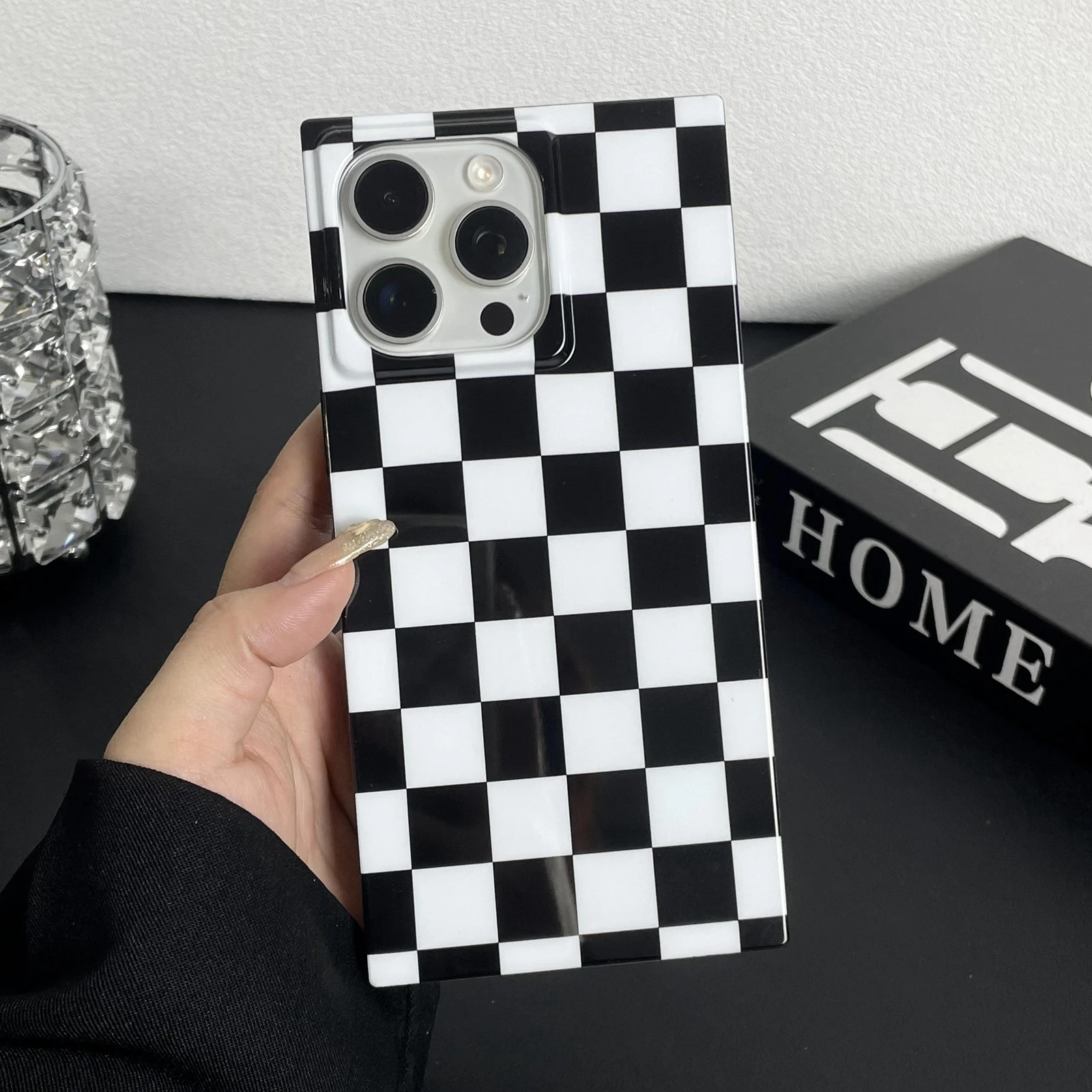 Checkered Checkerboard Phone Case for iPhone 16 15 13 14 Pro Max Protective Shockproof Soft Silicone Black White Checker Cover