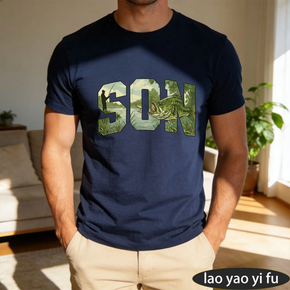 Fishing Scene Letters Son Fish Angler River Reeds Landscape Blue Crew Neck Short Sleeve O-neck Harajuku Men Clothes