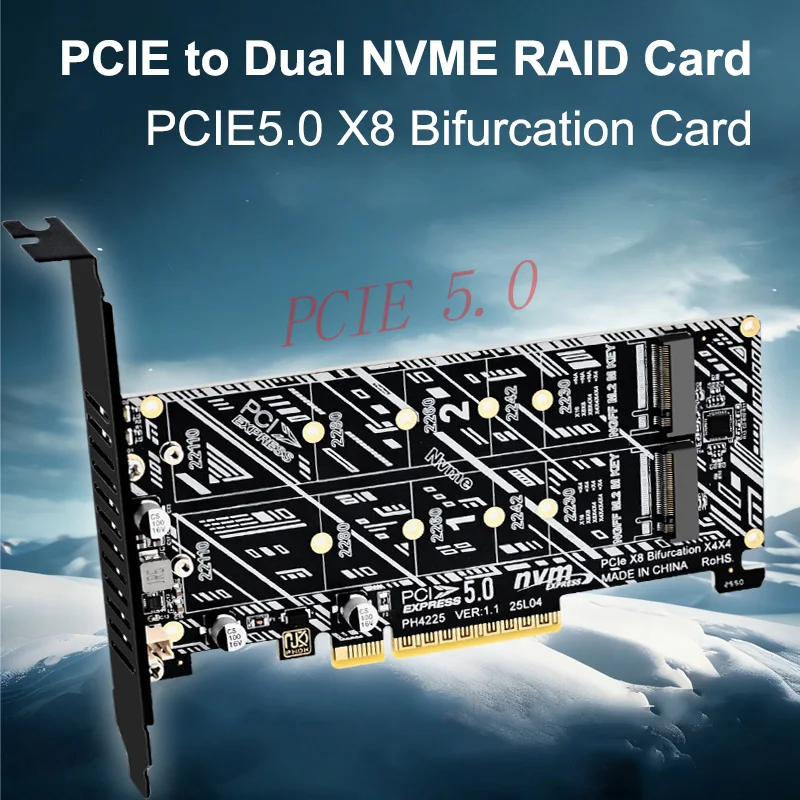 

Двойная карта-адаптер NVMe на PCIe 5.0 X8 с бифуркацией для SSD, RAID-контроллер для M.2 NVMe SSD 2230, 2242, 2260, 2280 для настольных ПК, для передачи данных