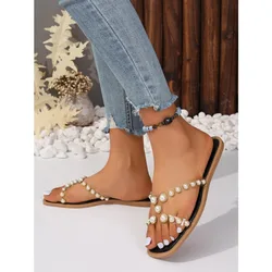 Summer Women's Sandals Fashion Outdoor Flat Beach Sandals Sexy Pearl Bow-knot Shoes Female Clip Toe Flip Flops Slides