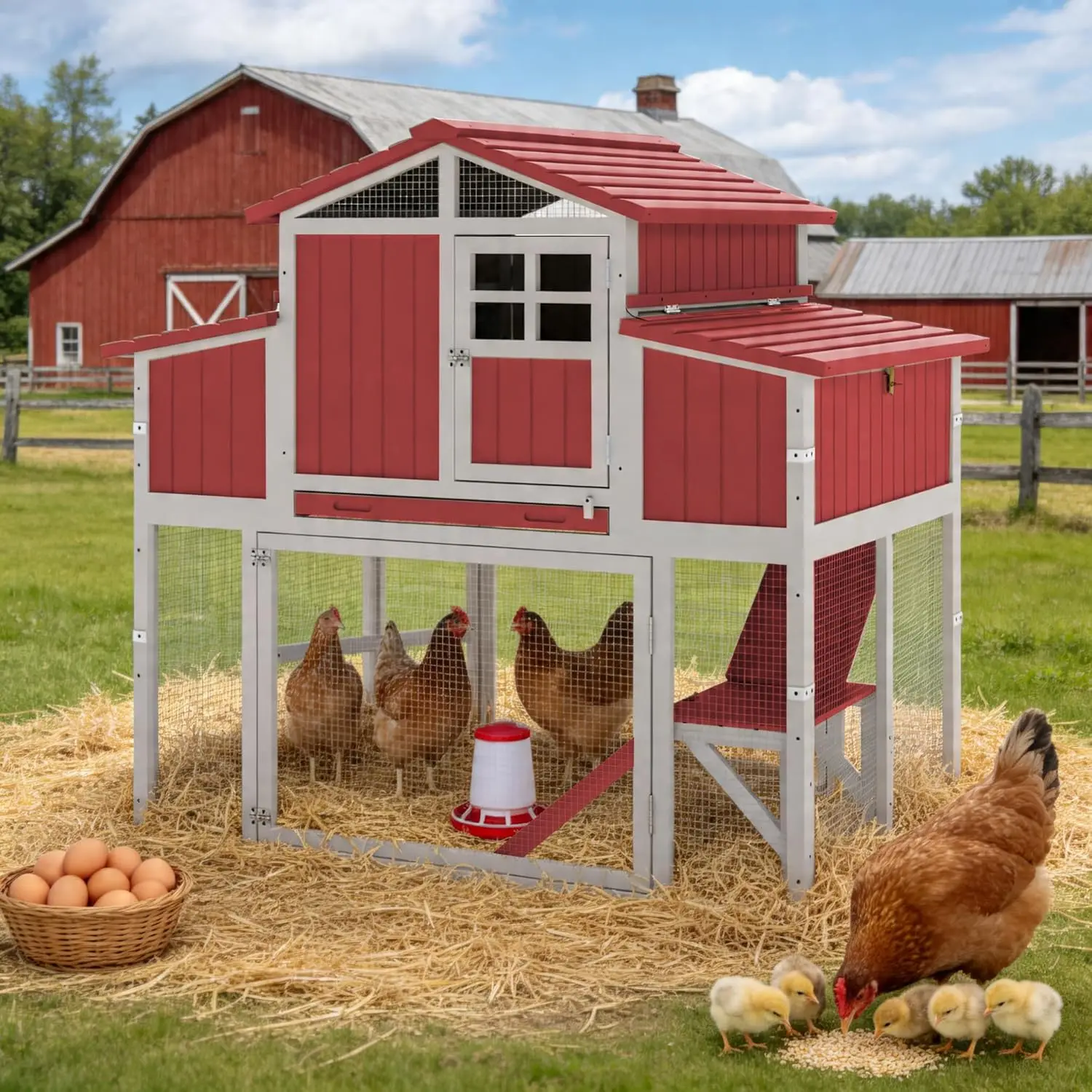 

Expandable Wooden Chicken Coop with Run 4 Nesting Boxes Perches Pull-Out Tray Ramp for 2-4 Hens Outdoor Backyard, Customized
