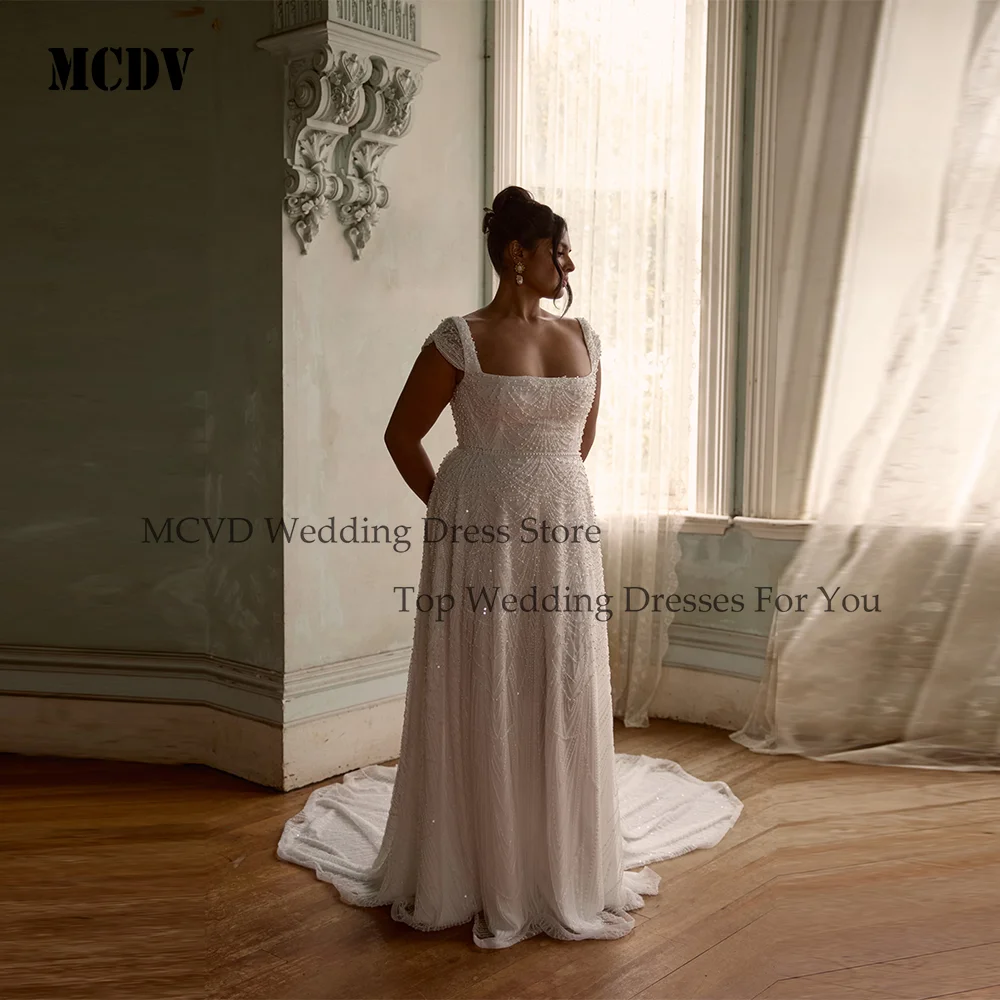 

MCDV Elegant Lace Beaded A-Line Wedding Dress for Bride Cap Sleeve Floor Length Women Bride Gowns Robe de mariage Plus Size