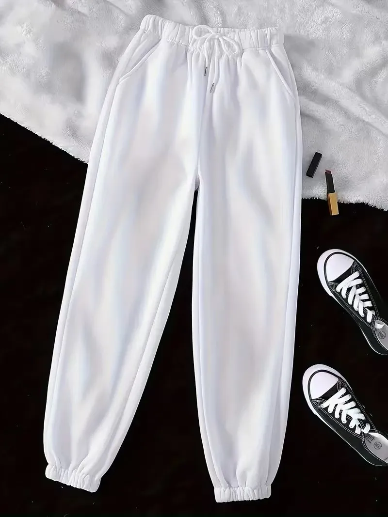 Women's autumn and winter fleece drawstring ankle sports pants, solid color casual diagonal pocket running pants