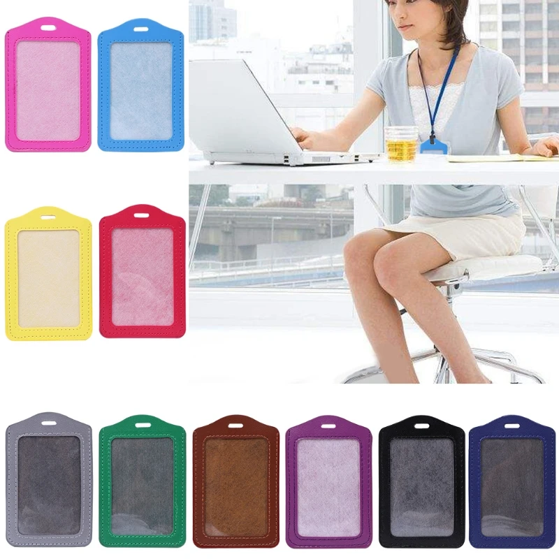 

10 Colors ID Window Business Work Card Holder Leather Case Badge Vertical Type