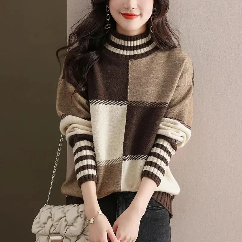 Women\'s Jumper Plaid Patchwork Turtleneck Sweater Autumn Winter Loose Casual Long Sleeve Thick Knitted Top Female Wool Knitwear