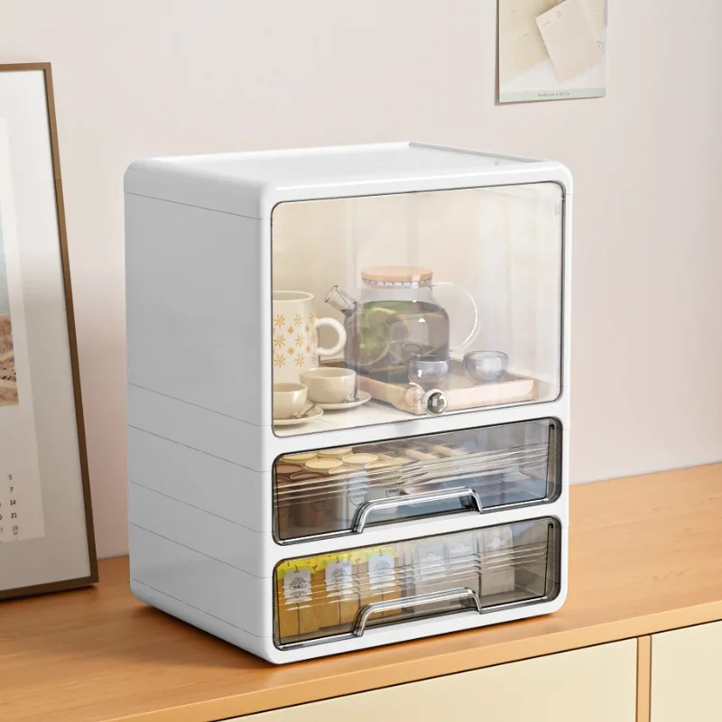 Large Capacity Dustproof Multilayer Drawer Storage Cabinet For Tea Coffee Wine Glass Cups Desktop Organizer Rack Home Kitchen