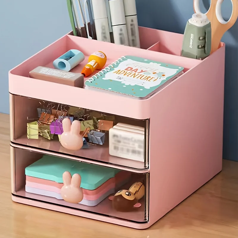 1pc Transparent Drawer Rabbit Handle Storage Box, Desk Office Stationery, Cosmetics, Eyebrow Pencil Brush, Glasses, Jewelry view 6