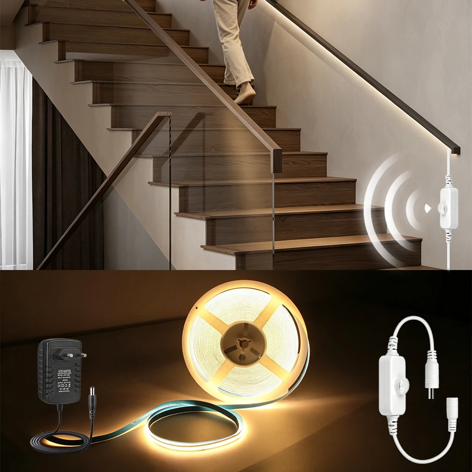 24V PIR Motion Sensor COB LED Strip Light Tape 1M 5M 8M 10M AU EU US UK Plug Cob Ribbon Light For Kitchen Cabinet Backlight