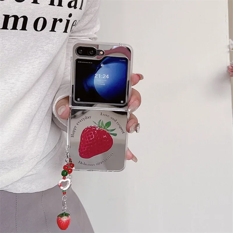 Зеркальный чехол с клубничным покрытием для телефона Samsung Galaxy Z Flip 6 5 4 3, защитный чехол-накладка для ZFlip4 ZFlip5 ZFlip6, чехол
