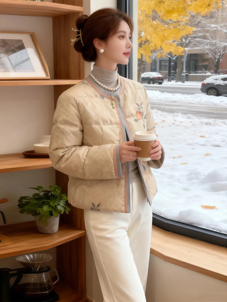 

Faionable round Ne Cotton Jaet Women's Sli Versatile Winter Coat Traditional Chinese Sle Warm Long Sve Outerwear