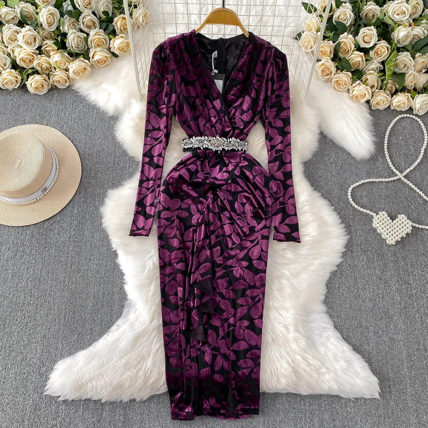 تنورة Ele V-ne Velvet Print Dr النسائية عالية الخصر بقصة ضيقة، تنورة طويلة للتنقل الكورية Sle مضادة للتجاعيد، كرة مناسبة...