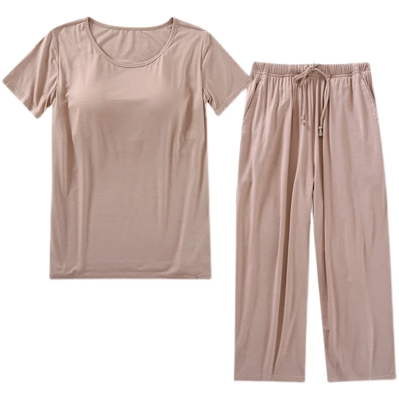 

Smooth Modal Ladies Spwear Set with Chest Pad Loose Fit round Ne ort Sve Seven Pants Thin Home Clothes round Ne
