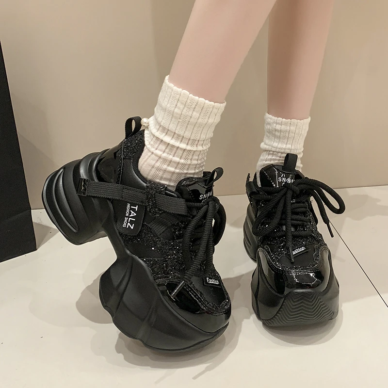 Bling Red Winter Sneakers Vertical View - 8CM High Platform Warm Fur Chunky Shoes for Winter