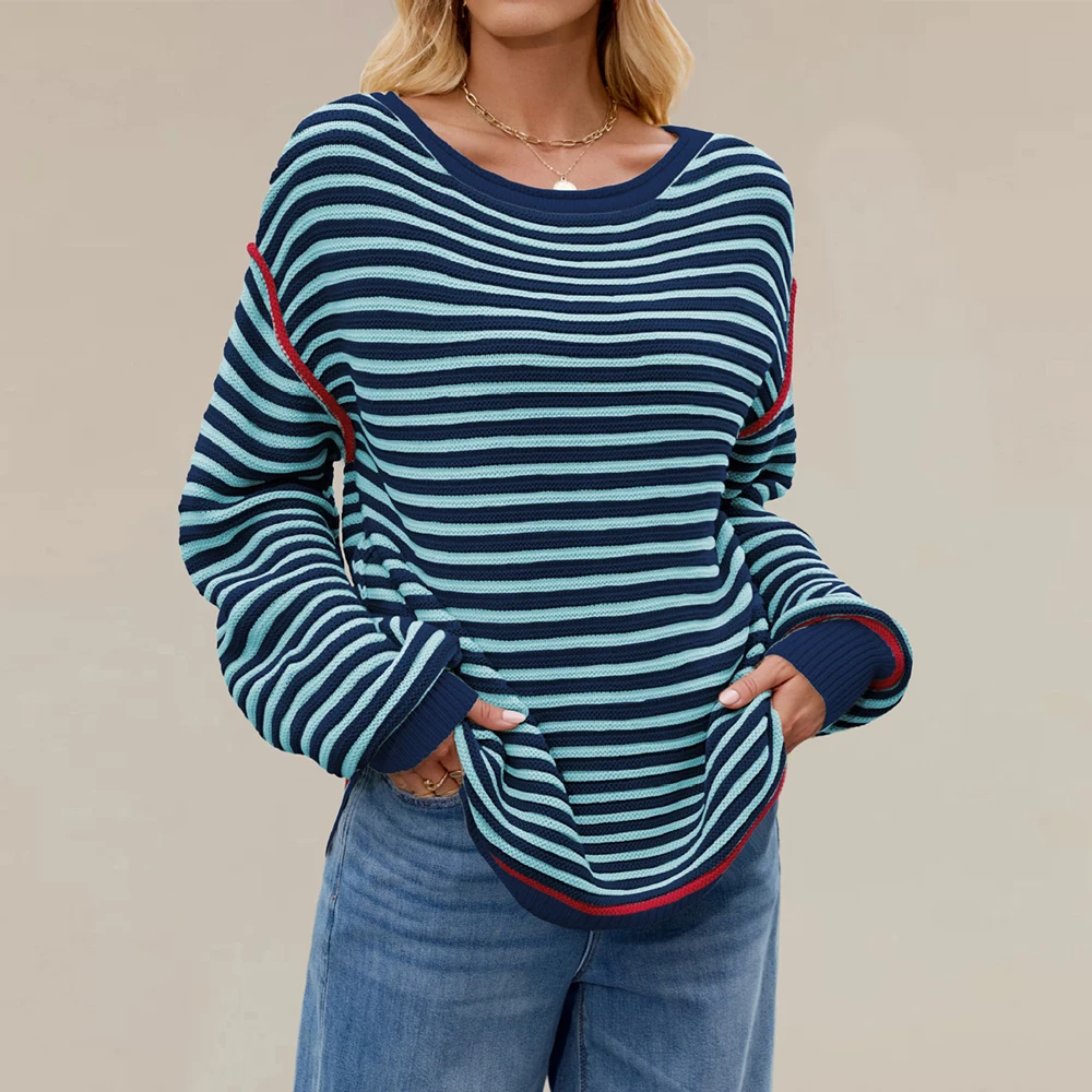 

New Striped Knitted Long-Sleeved Sweater round Neck Pullover Loose Fit Autumn Winter European American Style Top for Women