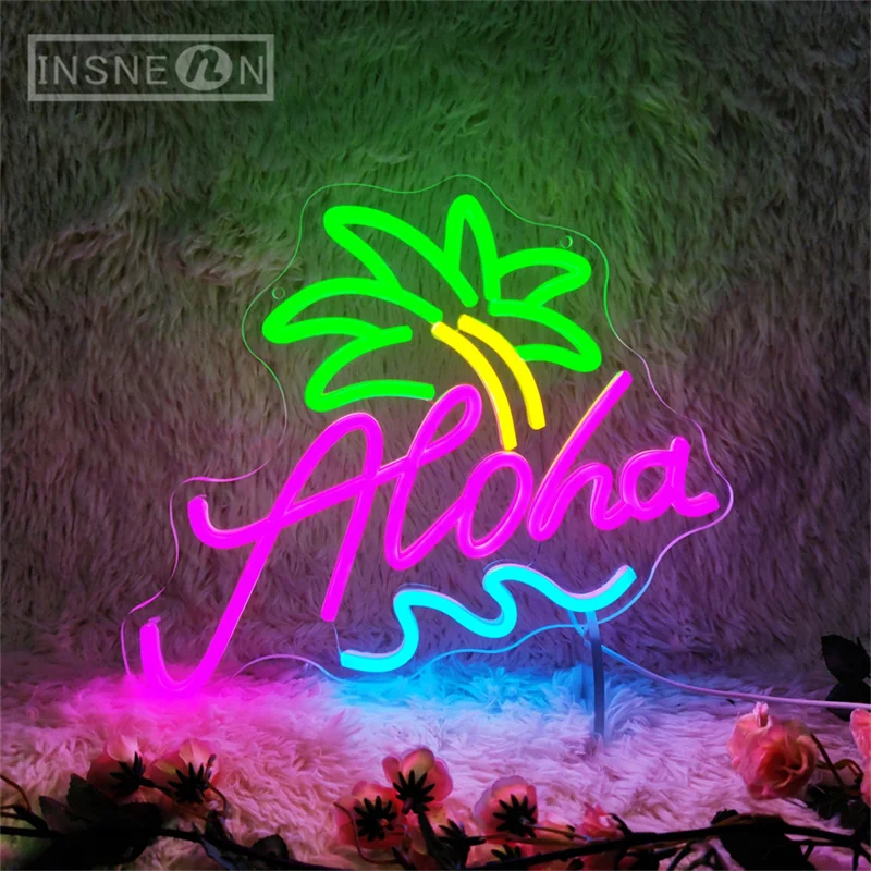 Aloha Neon Sign Hawaii Tropical LED Neon Light Summer Beach Bar Party Decor Hello Summer Restaurant Open Welcome Neon LED Sign