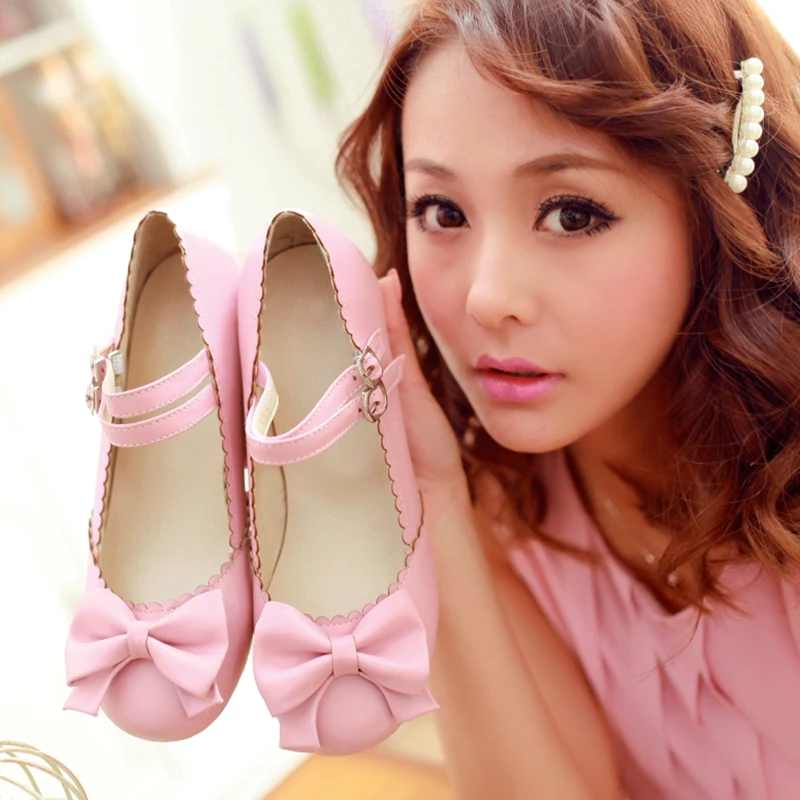 Japanese Sweet Lolita Pumps Maid Cosplay Princess Mary Jane Shoes Cute Bow Strap Buckle Plus Size 34-50 Black Pink Beige