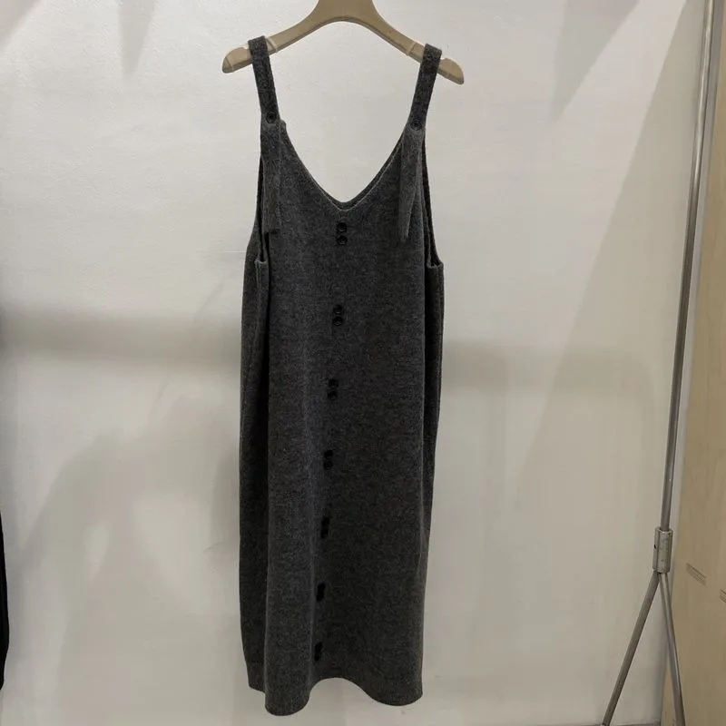 Vestidos femininos outono sem mangas de malha botão design sólido all-match camadas coreano elegante atraente minimalista diariamente