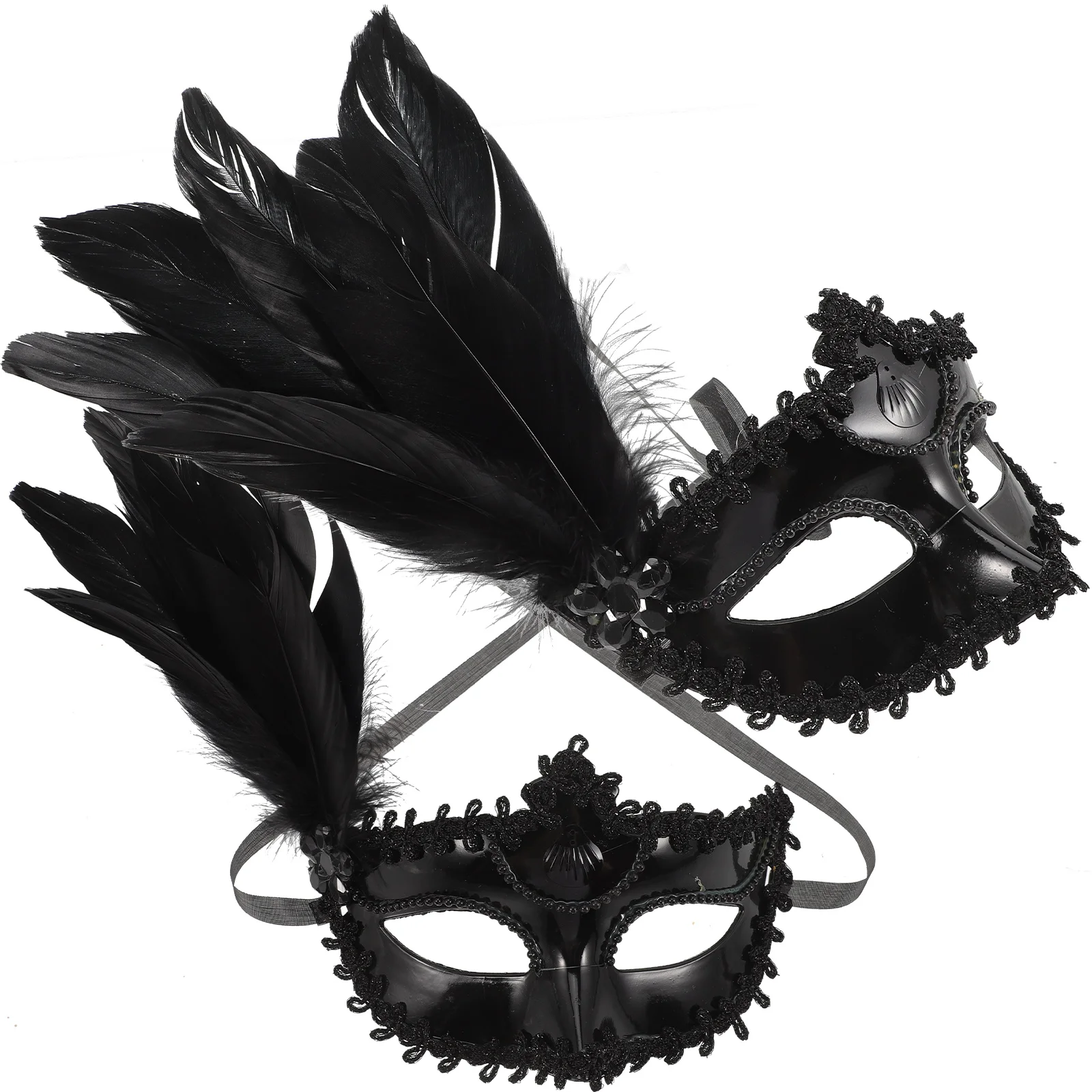 

2 Pcs Plumes Decor Masquerade Masks Women Cosplay Carnival Party Halloween Props Black Lightweight Elastic Band Masks