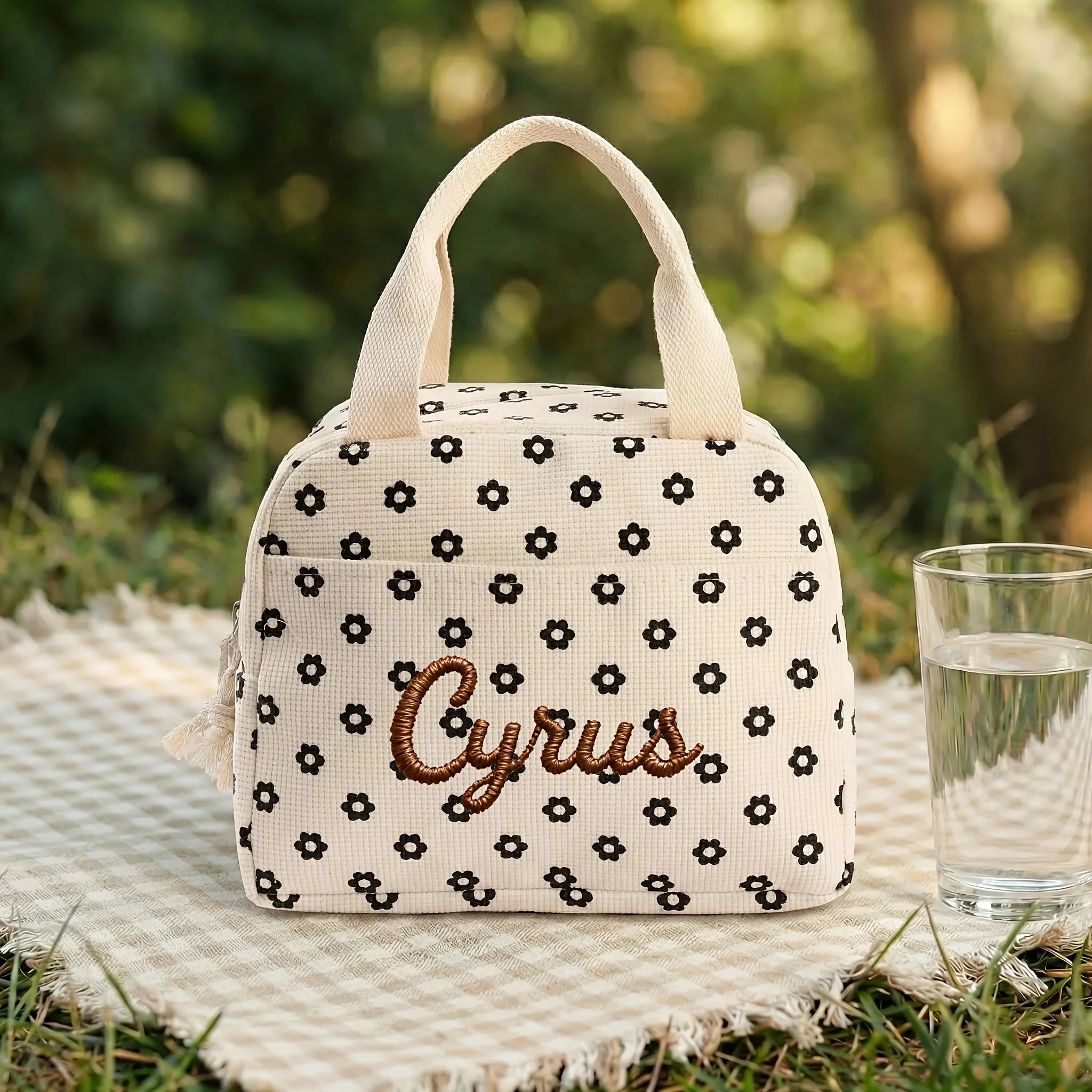 Mit gesticktem Namen und Blumenmuster bedruckte Lebensmittelhandtaschen, tragbare Thermo-Lunch-Tasche, wasserdichte, isolierte Tasche für Büro und Camping – Detail 8
