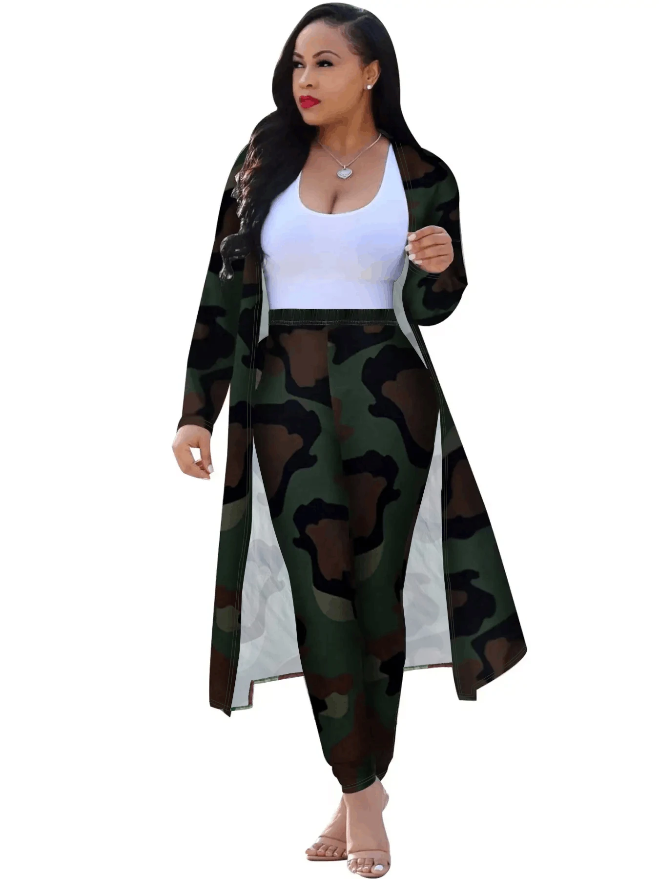 8576New European and American women\'s long sleeved coat cape camouflage random printed tight pants two-piece set