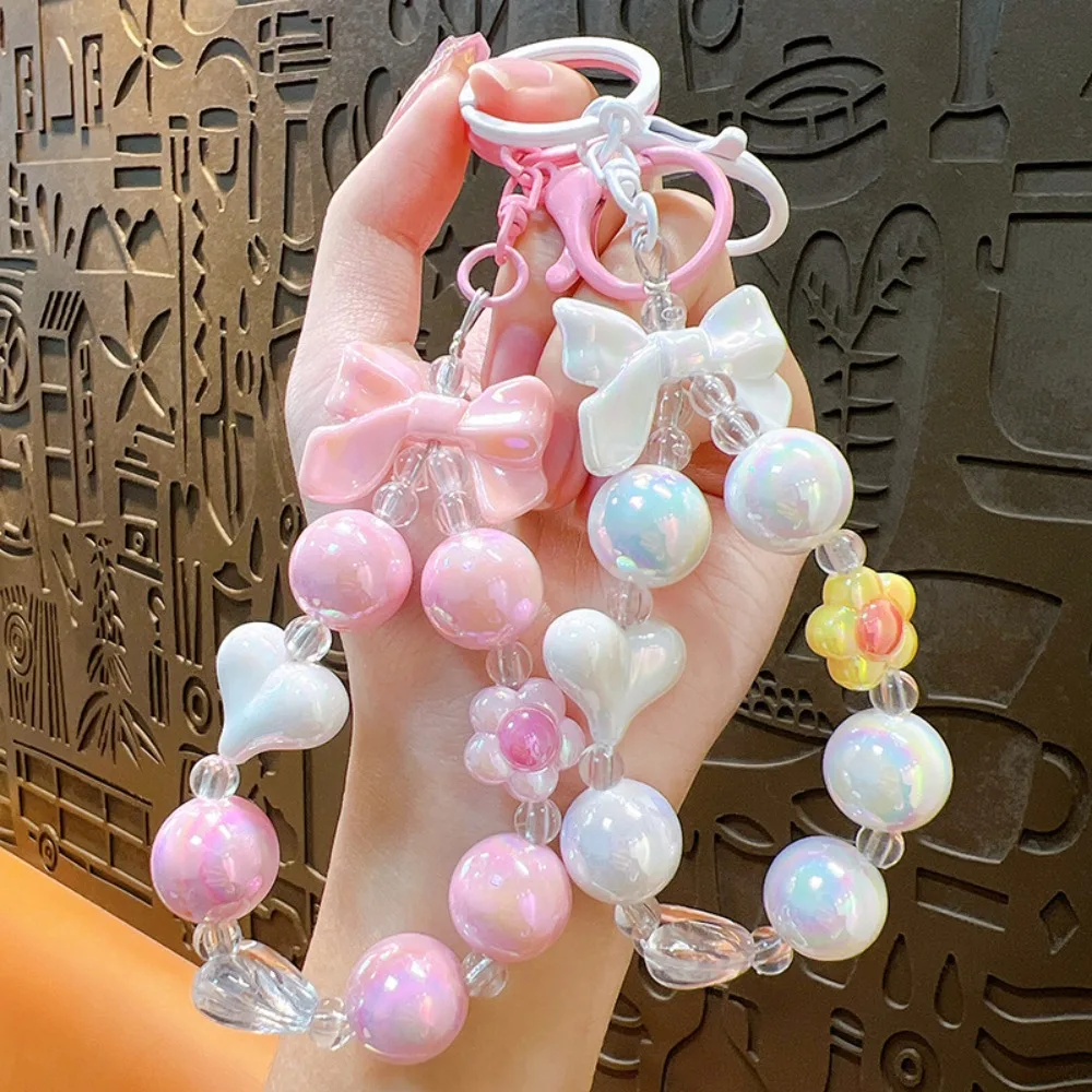 Candy Color Beaded Bag Accessories Car Keychain Bow Heart Keychain Bag Pendant Mobile Chain Lanyard Creative Mobile Phone Strap