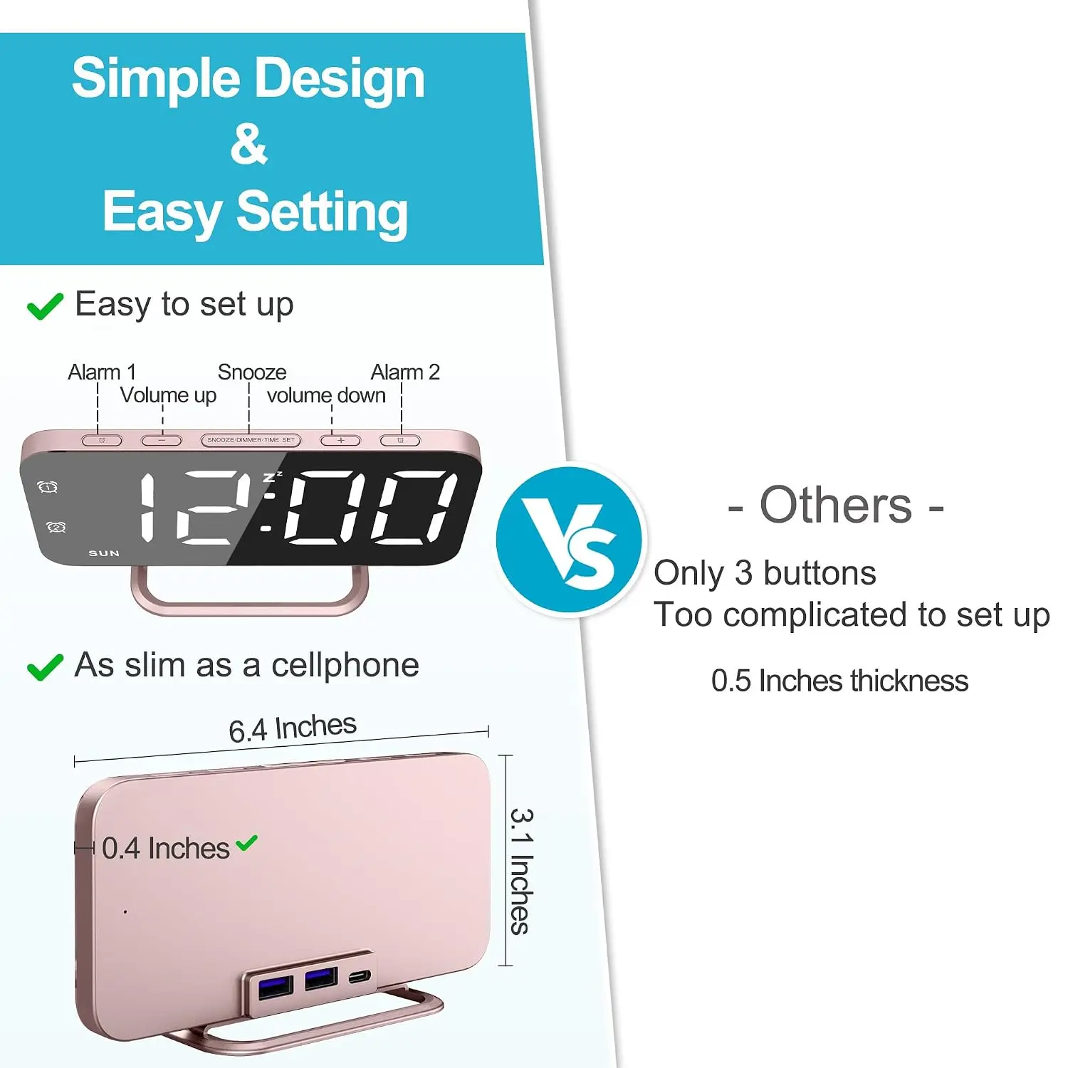 Slim LED Digital Alarm Clock, Mirror Surface for Makeup, with Diming, Large Display, Easy Setting, USB Ports,, Customized