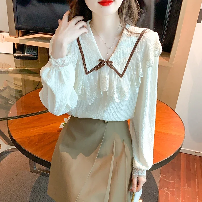 Sweet Autumn New Long Sleeve Doll Collar Women Blouse Bow Lace Splicing Chiffon Blouse Shirt Women Tops Blusas Para Mujer A696