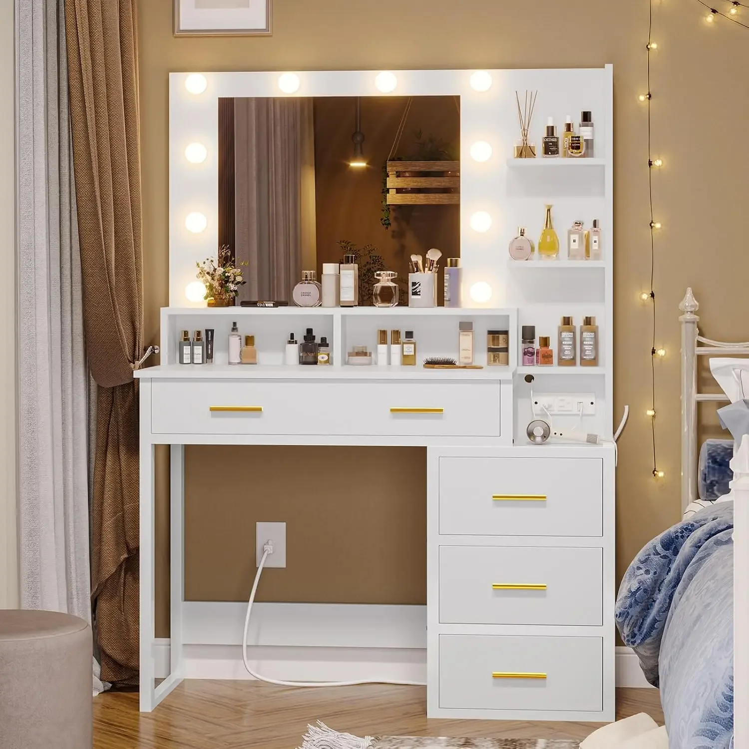 Makeup Vanity with Lights, Vanity Desk with Charging Station, White Vanity Table with 10 Light Bulbs Mirror & 3 Lighting Modes image 4