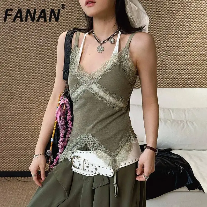 FANAN 2026 Summer New Paris INSV Collar Lace Deconstructed Splicing Strap Detail Design Top For Women Fashion Bottoming Clothing