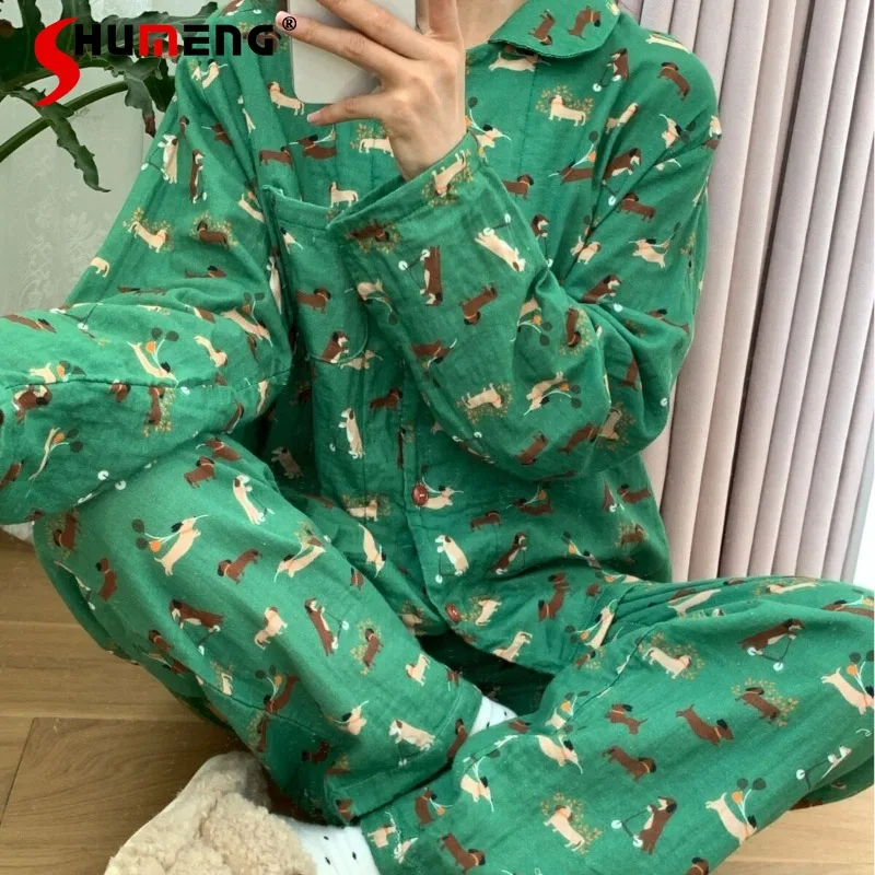 

Кардиган с лацканами, пижамы, домашняя одежда, женский двухслойный хлопковый комплект для сна, женское весенне-летнее зеленое нижнее белье с героями мультфильмов в стиле ретро