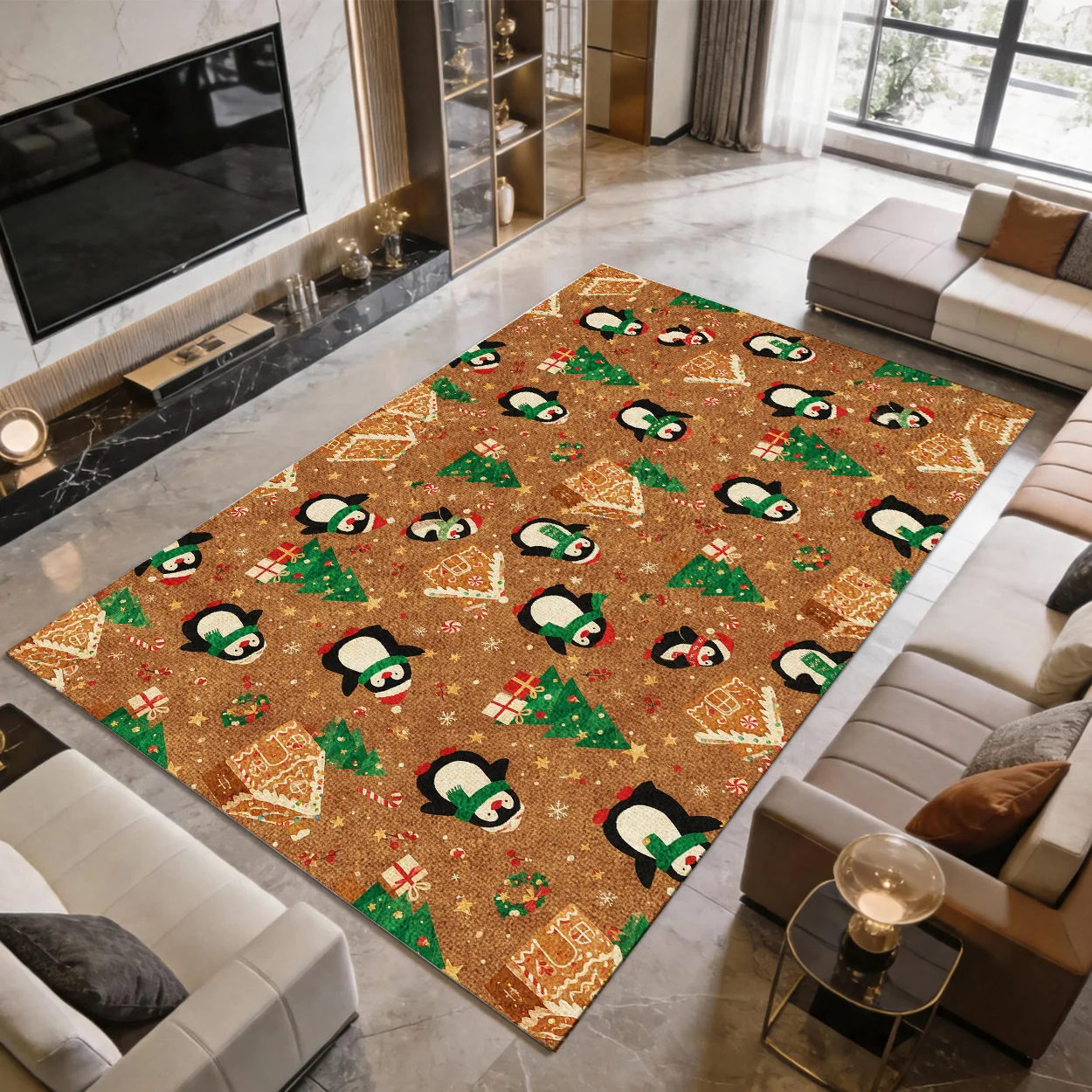1pc 2D Flat Rectangular Christmas Area Rug, Brown Green & Red Tone, Washable Large Rug for Bedroom, Living Room, Dining Room