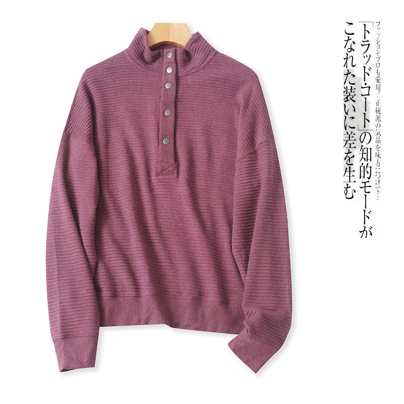 

Knitted Sweater Autumn Winter New Women's Faion Button Plaet Long Sve Overhead f High Collar Striped Loose Fit 29964