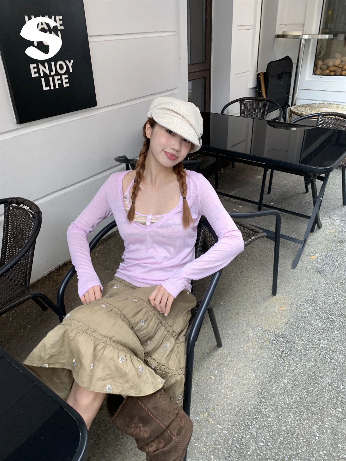 

Skin-friendly Stripe Color-blo Long Sve T-irt Top Soft Versatile Slimming Sp at Commute Sle Korean Version Cot...