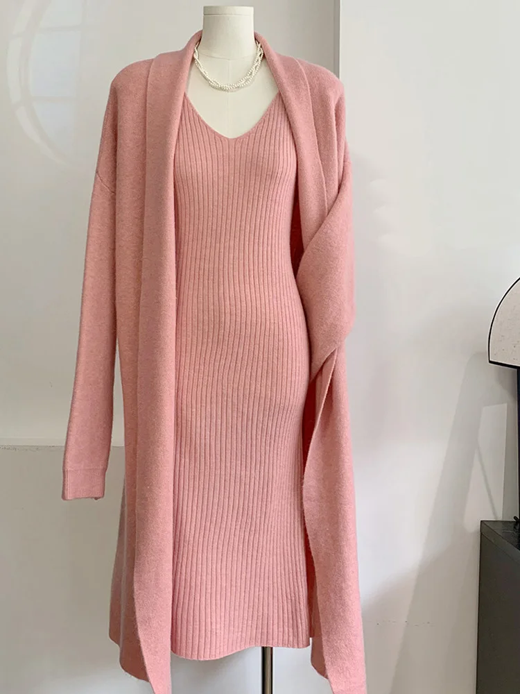 Deioao Elegant Lady Solid Knitted Dress Set Women Slim Dress And Coat Two Piece Suit Female Loose Cardigan V Neck Dress Outfits