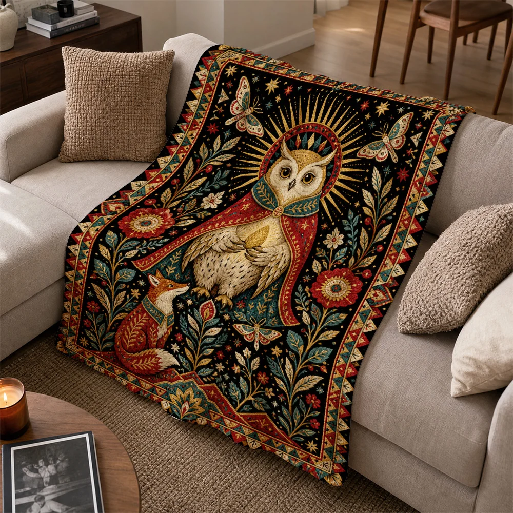 Boho Woodland Fox Owl Throw Blanket Tapestry Cottagecore Forest Butterfly Motif Couch Decor Fall Autumn Cozy Style Textile Art