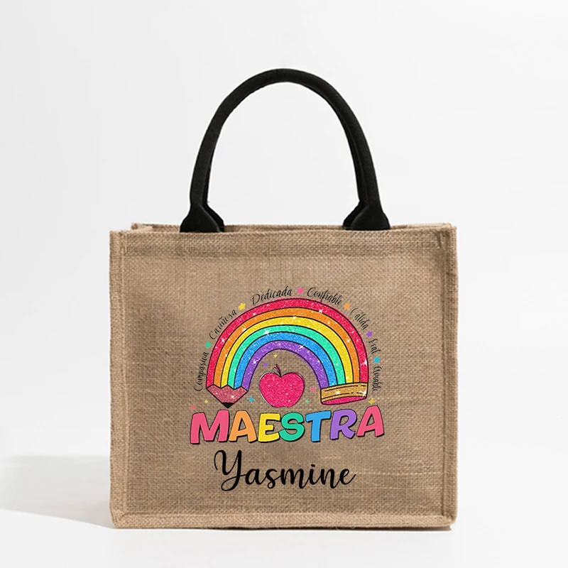 Maestra Customized Name Linen Tote Bag Organizer New Fashion Shoulder Bag Travel Storage Handbag Shopping Bags Gift for Teachers