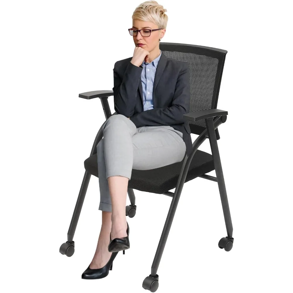 Stackable & Foldable Conference Room Chairs, Waiting Room Chairs with Caster Wheels, Lumbar Support, Armrest, Ergonomic Fol