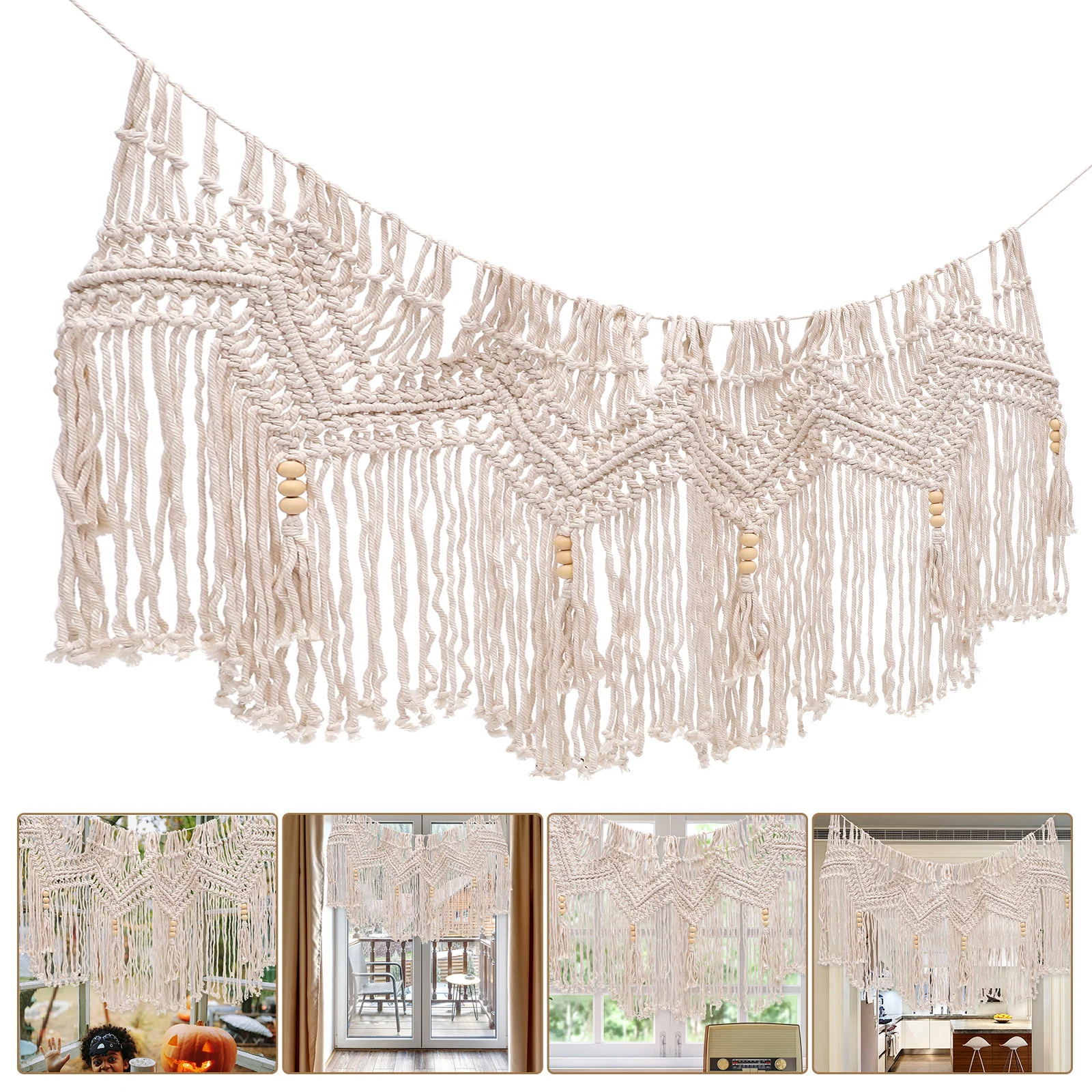 

Woven Macrame Valance Curtains 120x55cm Cotton Rope Bohemian Tapestry Wall Hangings Tassel Home Window Bedroom Decor