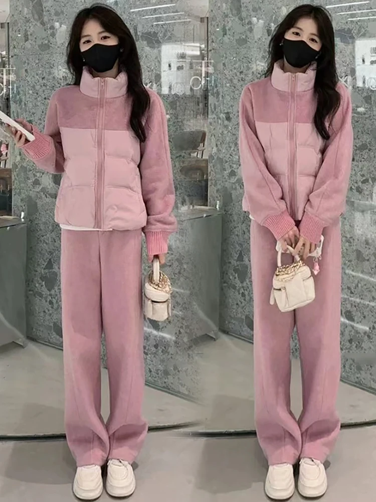 

Ele Casual Sportswear Set for Women Autumn Winter New Sle Patchwork Anti-Aging down Jaet Wide Leg Pants Two Piece Set