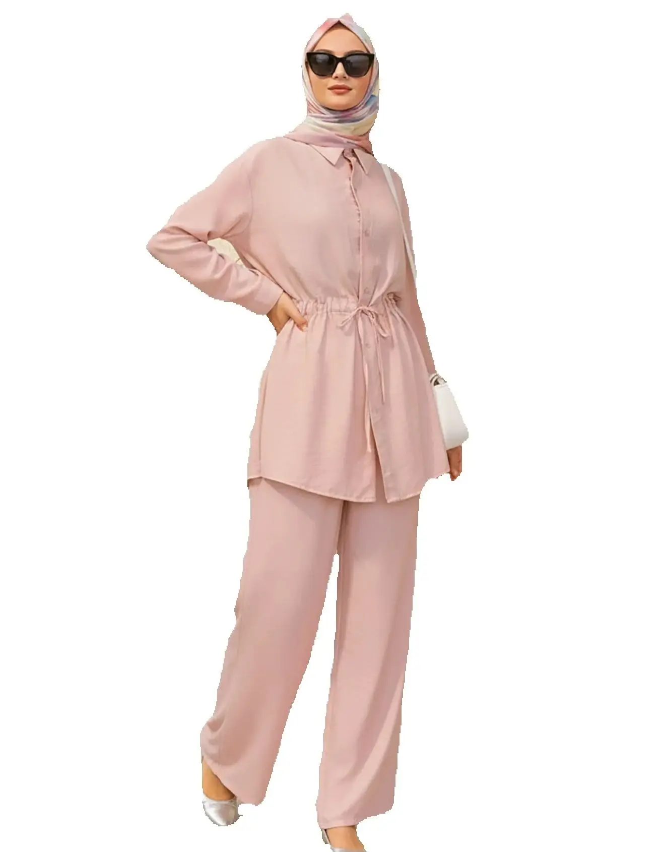 Eid muçulmano conjuntos para mulheres camisa de manga longa com cordão + calças de perna larga femme mussulmane conjuntos islam roupas robe