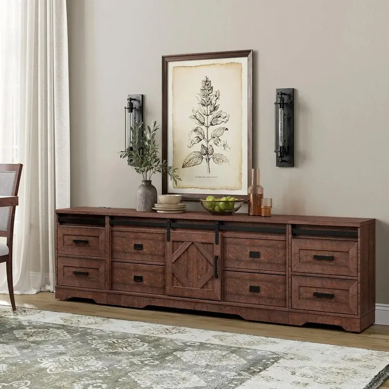 

Деревянная подставка для телевизора в фермерском доме с зарядной станцией, USB-портами, подходит для телевизоров с диагональю до 110 дюймов, развлекательный центр 3 в 1