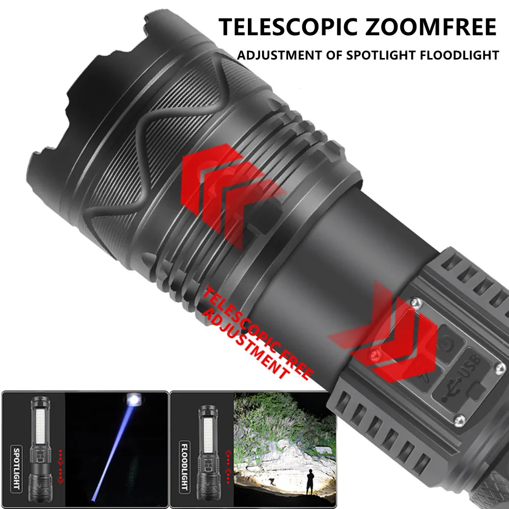 Powerful 100W LED Flashlight Long Range Charging Zoomable Emergency Torch Outdoor Flashlight Power Display Function