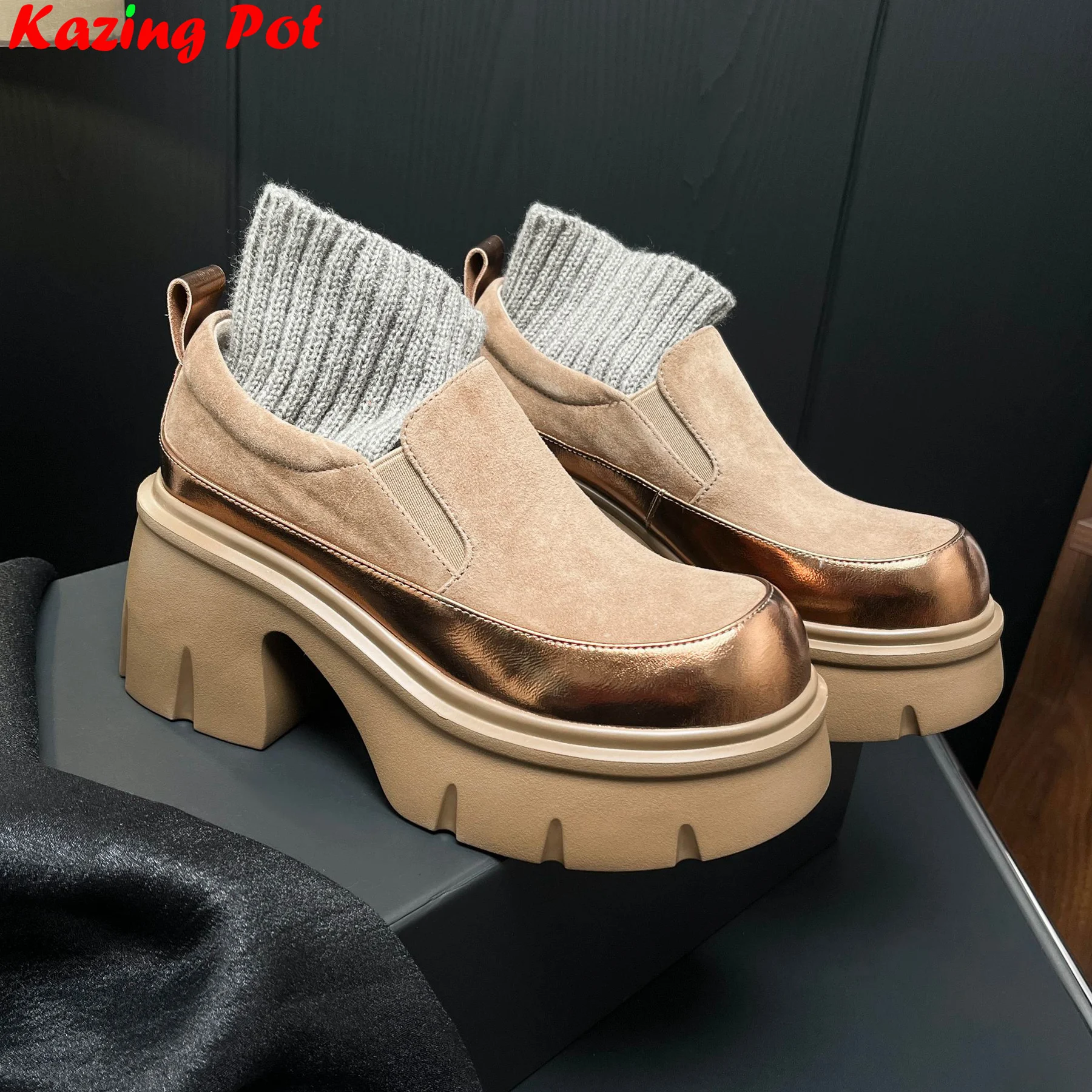 

Krazing Pot 7cm Chunky High Heels Sheep Suede Spring Casual Shoes Platform Preppy Style Loafers Mixed Colors Luxury Women Pumps