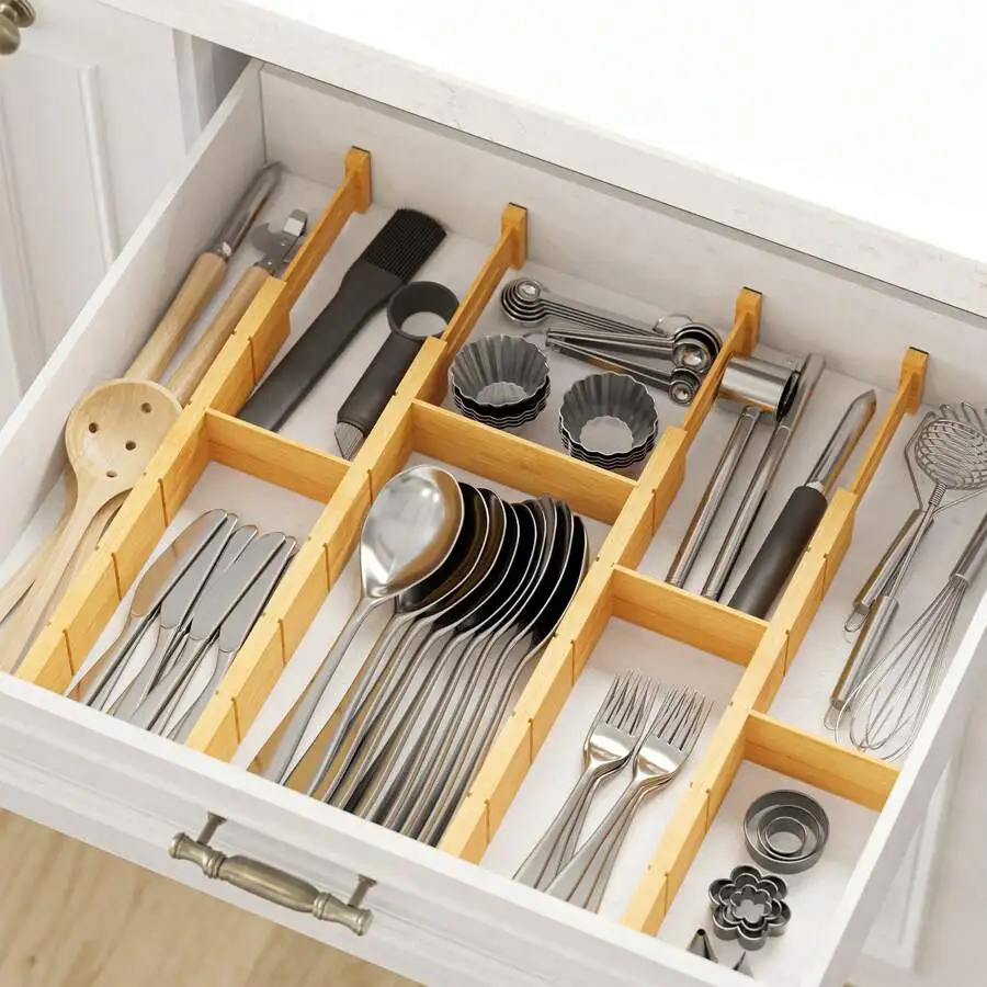 Bamboo Drawer Separators With Inserts And Labels, Kitchen Adjustable Drawer Organizers, Expandable Organization For Home And Office, Dresser Dividers With 9 Inserts (17-22 In) Back To School Dormitory Storage
