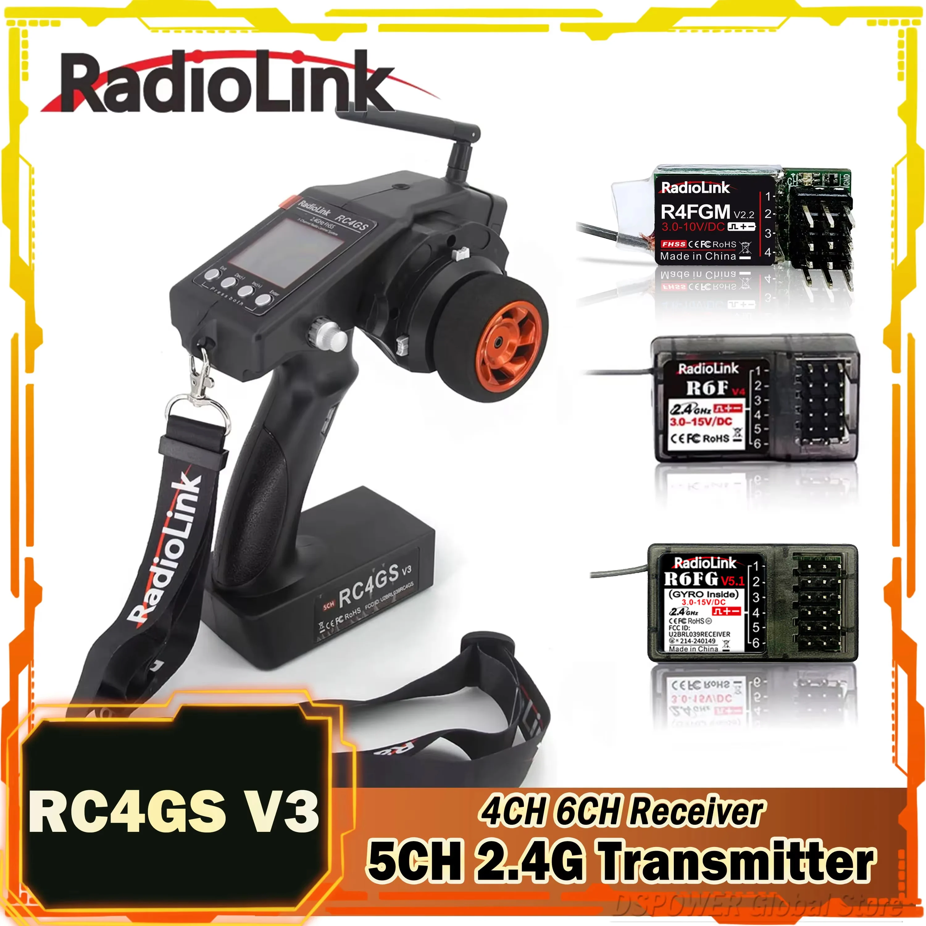 

RadioLink 5CH 2.4G Transmitter RC4GS V3 Remote Controller R6F R4FGM R6FG R7FG Gyro Receiver for RC Car Boat Vehicle Model Robot