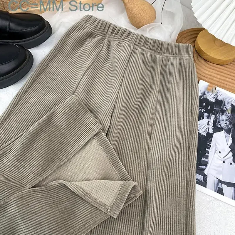 New Women Pants Vintage Split High Waist Corduroy Wide Leg Full Length Loose Trousers Fall Winter Fashion Bottoms