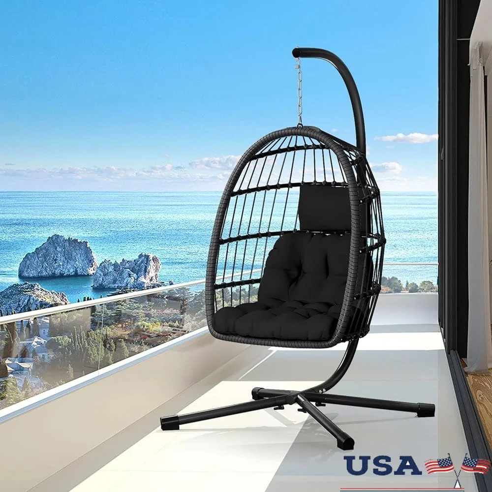 

Egg Chair with Stand Rattan Wicker Hammock Patio Swing Indoor Outdoor Durable Aluminum Frame Heavy Duty Comfortable Seat