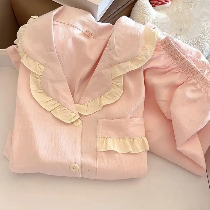 Women's Lace V-Neck Pullover Long Sleeved Long Pant Home Suit Set for Girls In Spring Autumn New Pajamas for Women Two-Piece Set