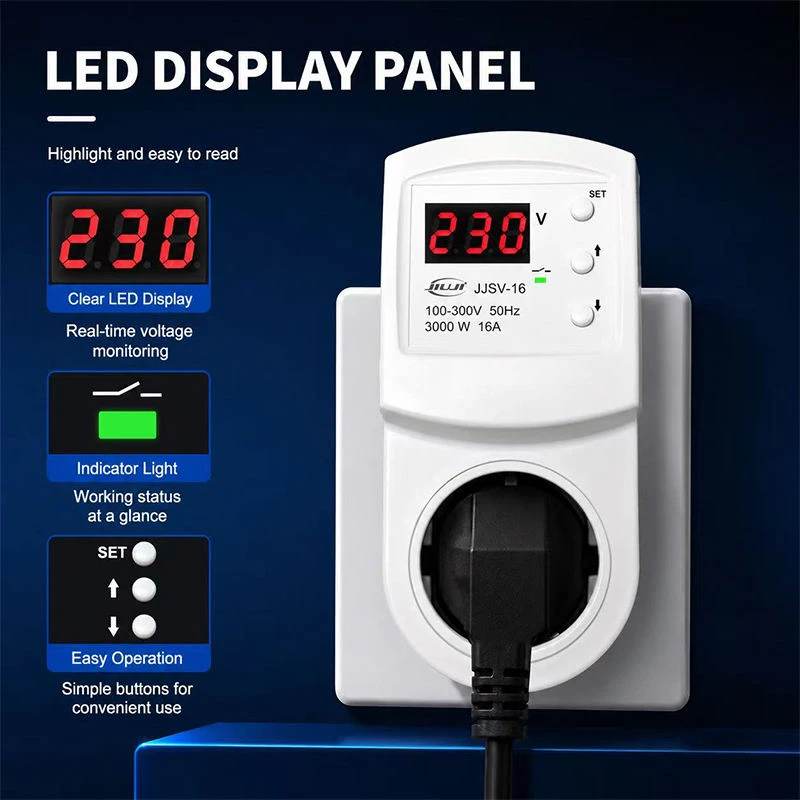 JIUJI 16A 3000W Digital Display Over Under Voltage Protector Socket US Ground Socket AC110V 220V For High Power Home Appliances